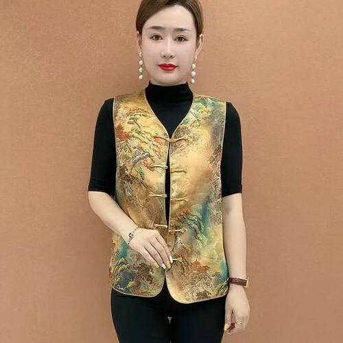 中式国风盘扣马甲提花刺绣背心2026无袖新款春秋上衣复古坎肩女装