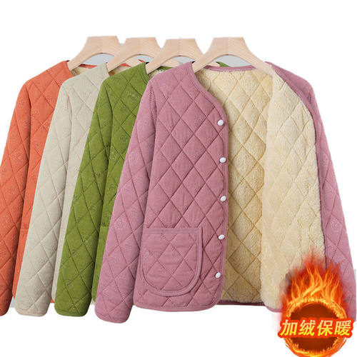 中老年妈妈秋冬新款灯芯绒小棉袄奶奶纯色加绒保暖外套时尚棉衣服