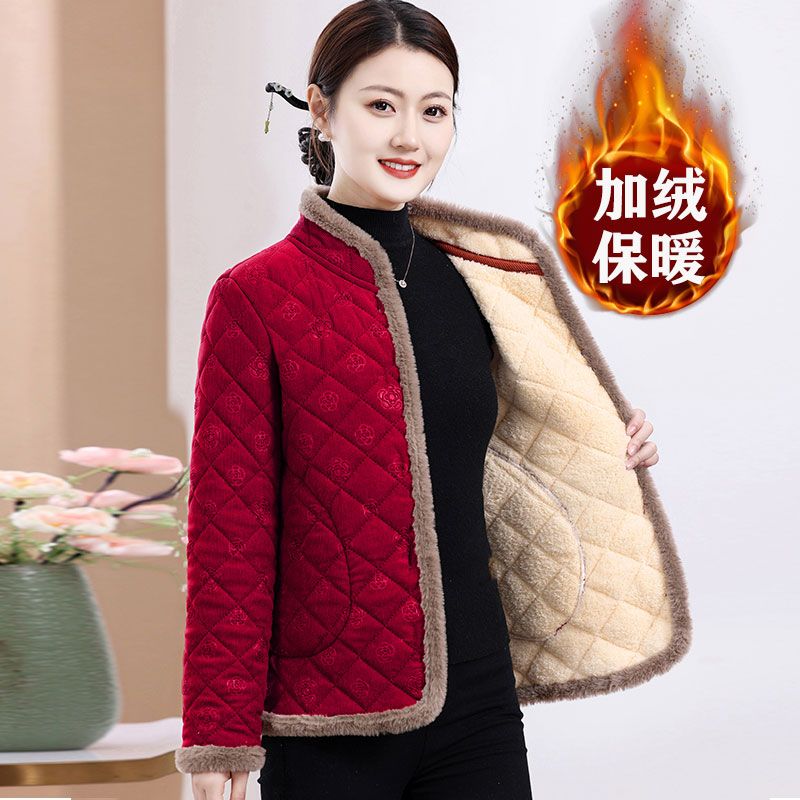 秋冬季妈妈立领加绒棉衣外套中老年冬季新款棉袄女装加厚保暖棉服