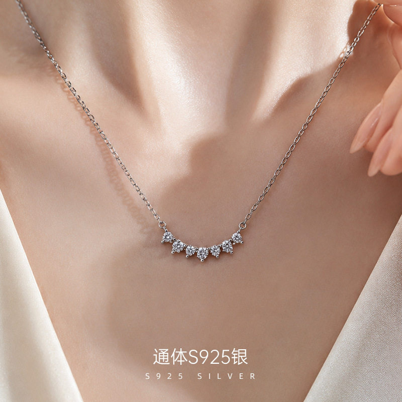 精品S925纯银微笑轻奢排钻项链女镀14K金高级感爆闪配饰锁骨链