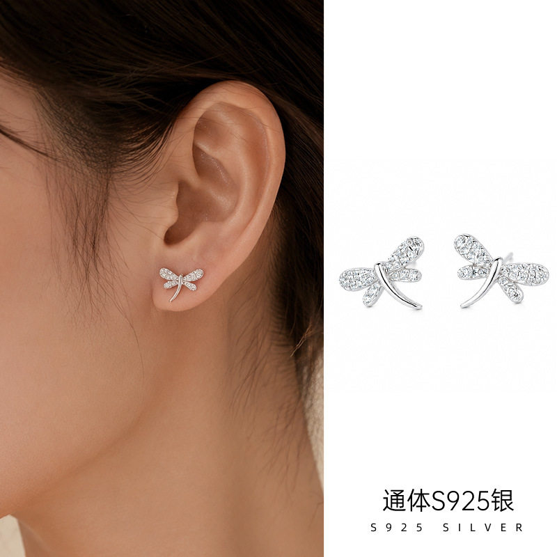 精品S925纯银日系镶钻小蜻蜓耳钉女超精致镀14K金灵动昆虫耳饰