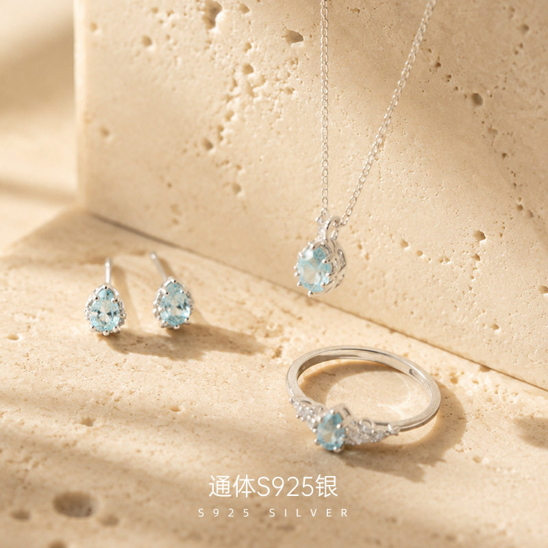 精品S925纯银日系镀14K金蓝色水滴项链耳钉戒指轻奢礼物套装女