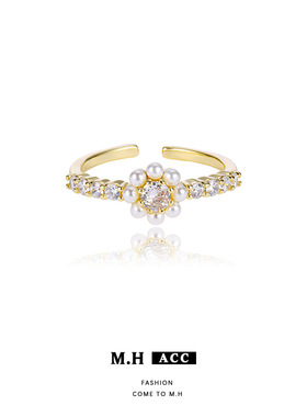 ins高级感花朵珍珠锆石戒指女小众设计感食指戒时尚通勤开口指环