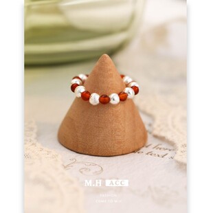 红玛瑙串珠手饰戒指女2025新款夏季圆环时尚复古文艺小众指环