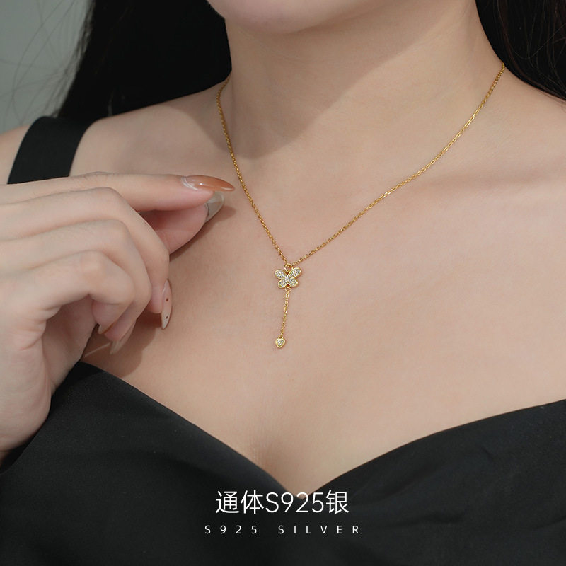 精品S925纯银轻奢ins蝴蝶吊坠流苏项链女镀18K金气质百搭锁骨链