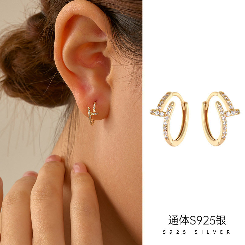 精品S925银精品ins时尚满钻钉子耳环女个性高级感小众爆款耳饰