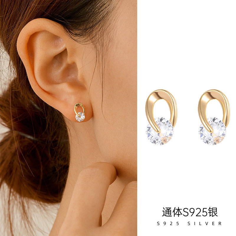 精品S925纯银欧美小众扭转锆石耳钉女高级感镀14K金个性耳饰潮