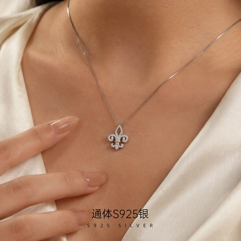 精品S925纯银老钱风鸢尾花吊坠项链女轻奢千金感小众礼物锁骨链