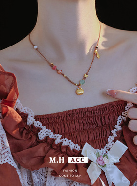 新中式好运平安编织项链女款复古小众设计金色苹果吊坠锁骨链