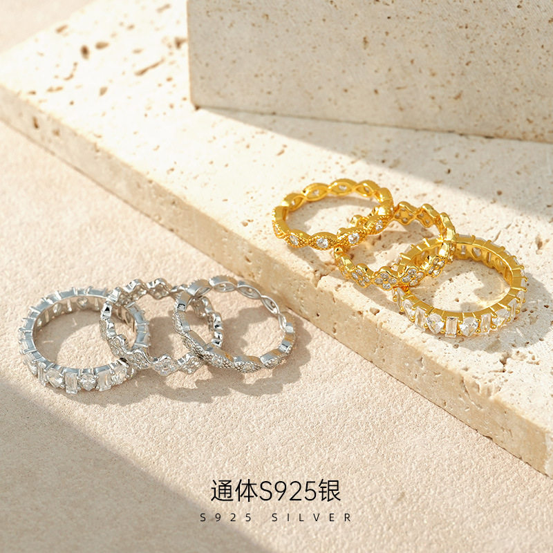 精品S925纯银精品满钻四叶草马眼排钻戒指女高级感ins叠戴指环