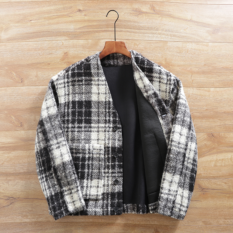 西班牙高端宽松V领格子夹克外套