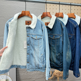 出口日单~内里加绒加厚 秋冬男士外贸百搭仿羊羔绒翻领牛仔外套潮