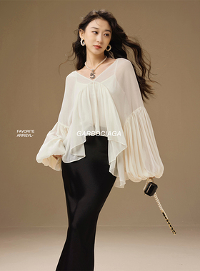 Garbociaga龍喜儿 Chlo* 进口双绉双层泡泡袖法式灯笼袖上衣3635