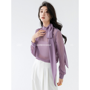 【进口限定】龍喜儿 圣地罗兰 设计感小众微透飘带蝴蝶结衬衫2442