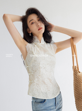 Garbociaga龍喜儿 乌峰之韵 高密改良国风蕾丝小立领盘扣衬衫2264