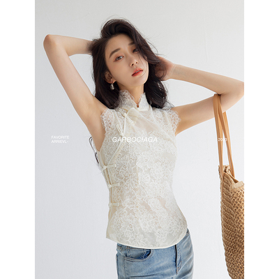 龙喜儿修身国风立领无袖蕾丝衬衫
