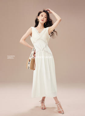 Garbociaga龍喜儿 self-打揽压皱蕾丝边米色高雅气质连衣裙5323