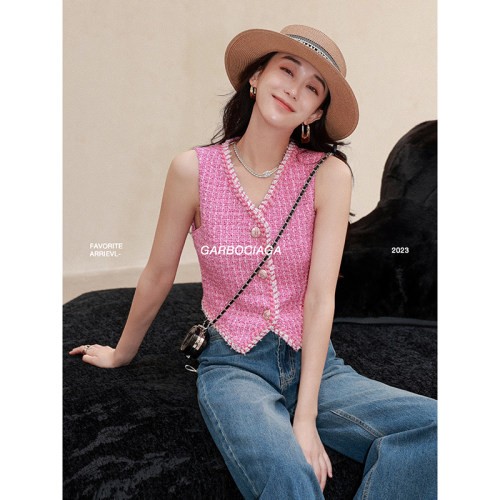 龙喜儿重工小香风短款V领马甲