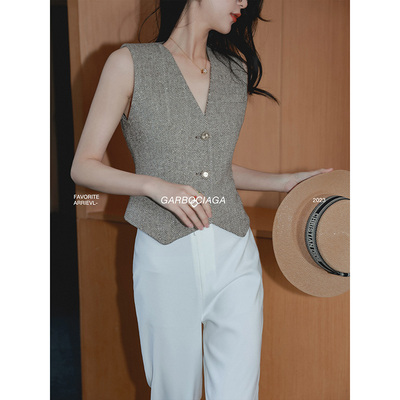 龙喜儿单排扣短款V领羊毛马甲