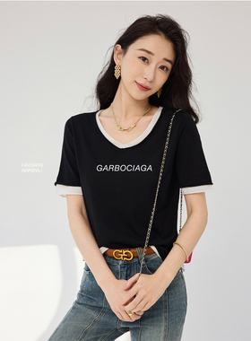 Garbociaga龍喜儿 天SI绢丝混纺黑白拼色短袖百搭V领针织衫 6214