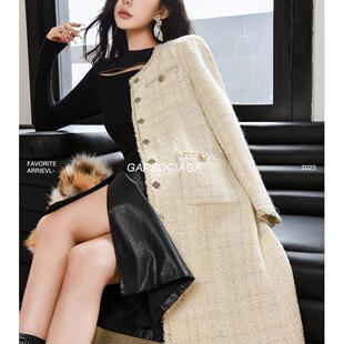 【进口限定】龙喜儿巴黎周刊 小香风粗花呢亮片长款大衣外套1141