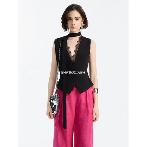 醋酸斜纹拼蕾丝飘带气质马甲