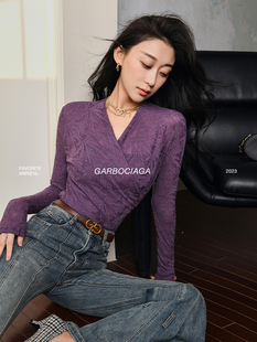 上衣针织衫 提花抽皱气质V领修身 女5003 40羊毛 Garbociaga龙喜儿