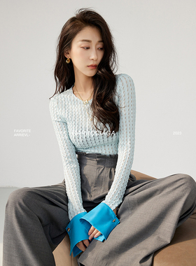 Garbociaga龍喜儿 蔚蓝天空 肌理感微透薄款打底小香风针织衫9935