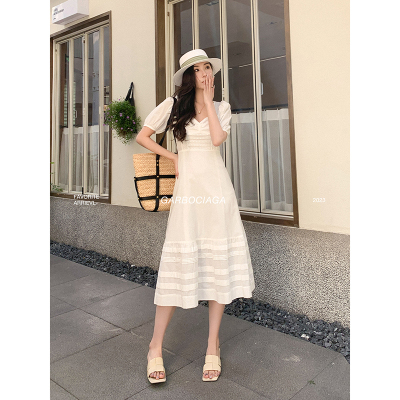 纯棉提花法式泡泡袖连衣裙