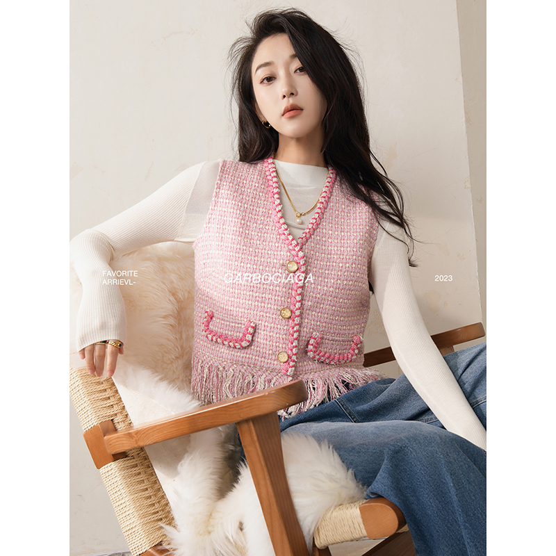 龙喜儿短款V领流苏马甲