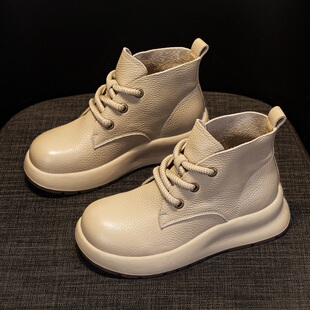 外贸尾货特价头层牛皮厚底高帮鞋女秋冬真皮休闲板鞋运动小白鞋潮