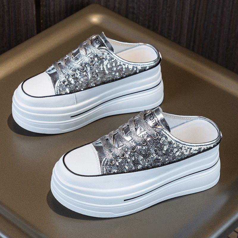 外贸尾货特价内增高真皮厚底半拖鞋女春夏亮片无后跟包头小白鞋潮,女鞋,包头拖,淘宝优惠券,粉丝福利购,淘宝优惠卷