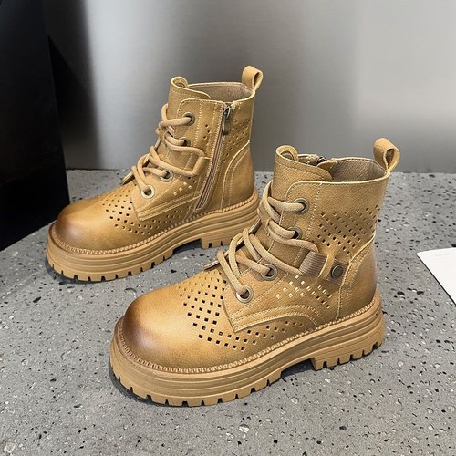 真皮厚底镂空马丁靴女夏季大黄靴