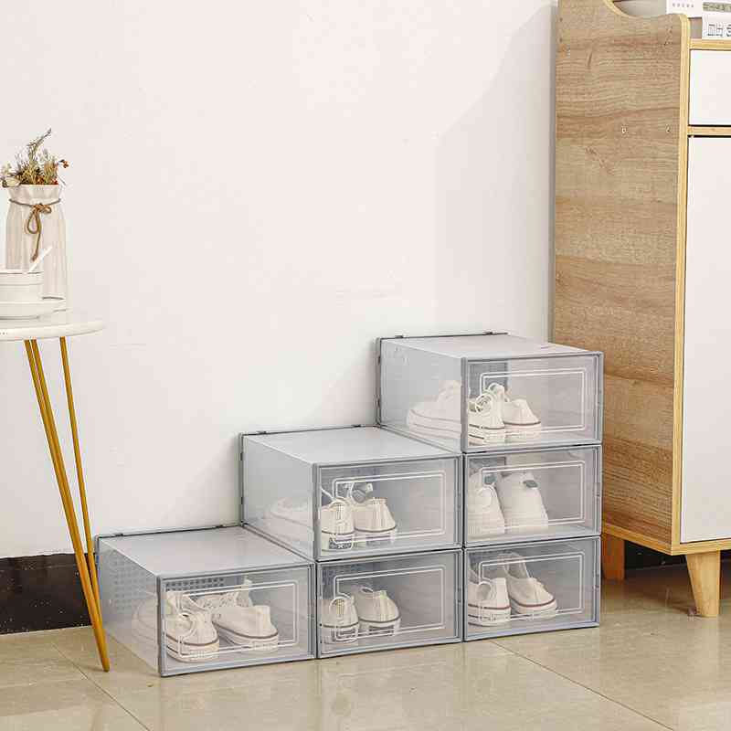 透明鞋盒收纳盒灰色篮球鞋箱塑料防尘鞋柜可叠加鞋盒收纳