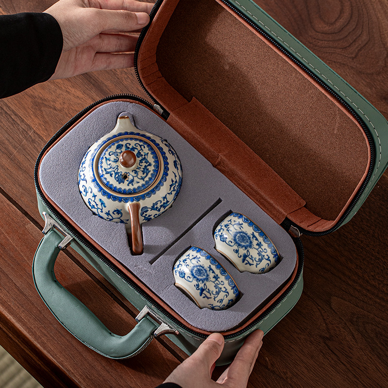 汝窑旅行茶具套装茶杯茶壶一壶两