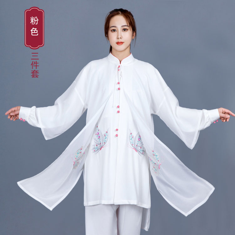 速发新款刺绣太极服春秋中长款复古飘逸表演服珍珠麻亚麻棉武术套