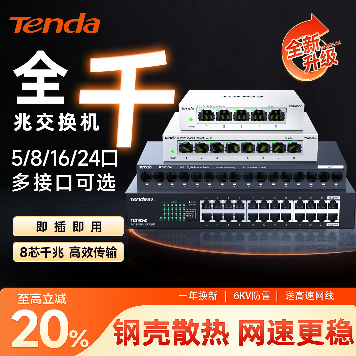【当天发货】腾达全千兆交换机5口8口16口24口 网络分线器百兆交换器宿舍家用弱电箱POE分流器钢壳监控SG108