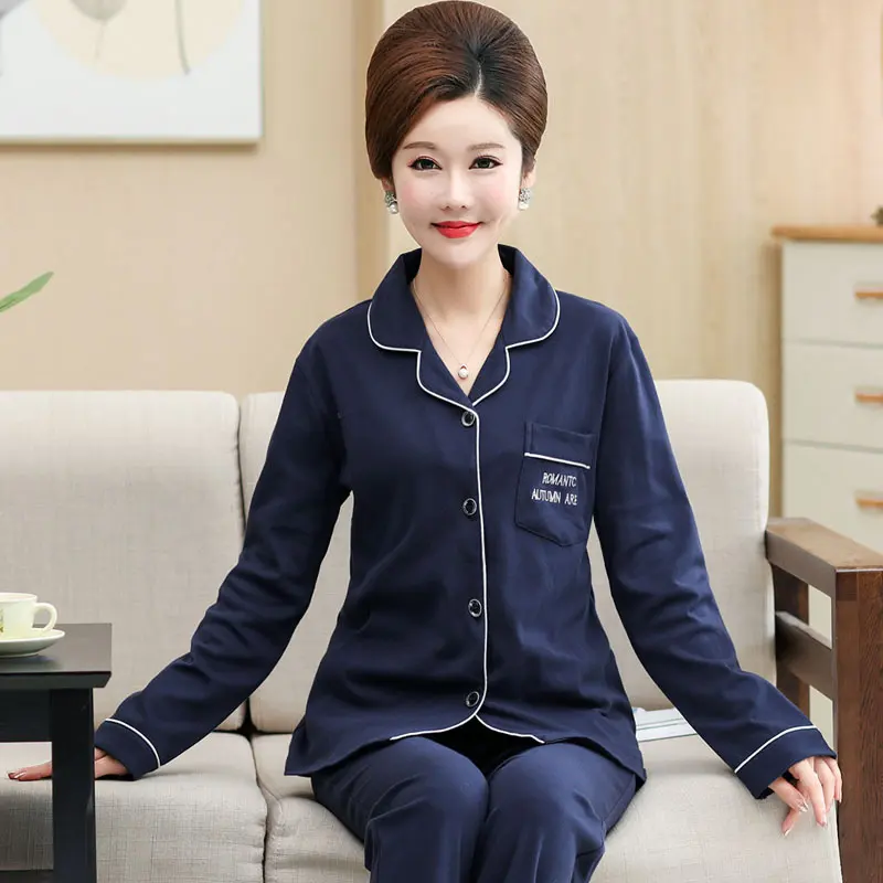 春秋季睡衣女秋长袖纯棉中老年老人妈妈中年加大码全棉家居服套装