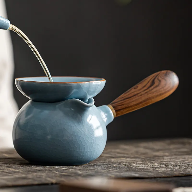 汝窑天青侧把公道杯过滤一体陶瓷高端分茶器公杯茶海配件茶漏套装