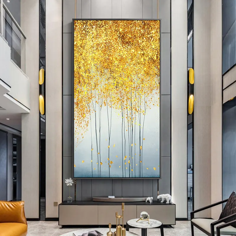 现代轻奢玄关装饰画发财树过道金色抽象简约美式走廊墙面大幅挂画图片