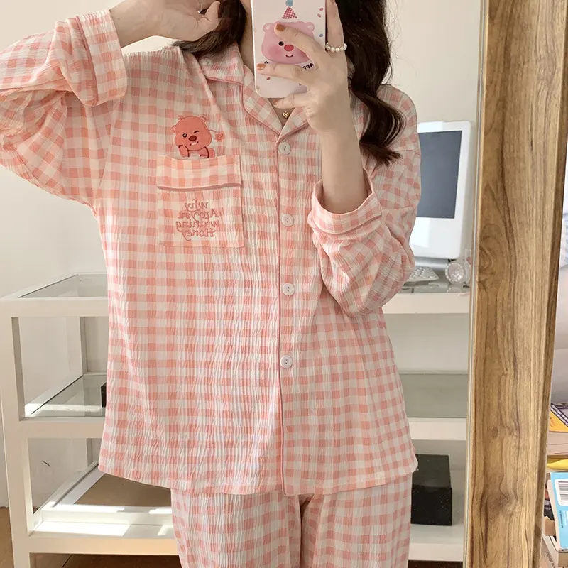 春秋季新款睡衣女绉布仿棉长袖针织泡泡棉翻领开衫少女家居服套装
