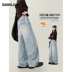 女童加绒裤子2025新款儿童冬季加厚保暖牛仔裤青少年浅色冬装长裤