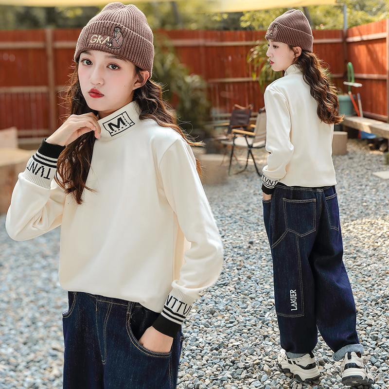 女童加绒打底衫秋冬装半高领t恤