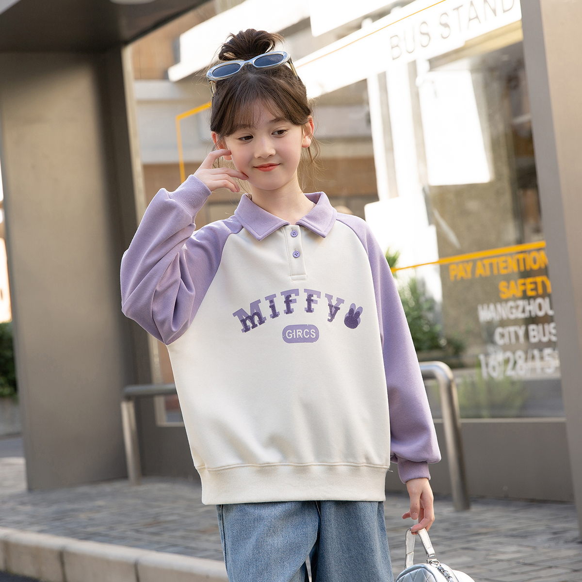 女童卫衣2025秋季新款女童中大童POLO领套头上衣秋装休闲打底衫