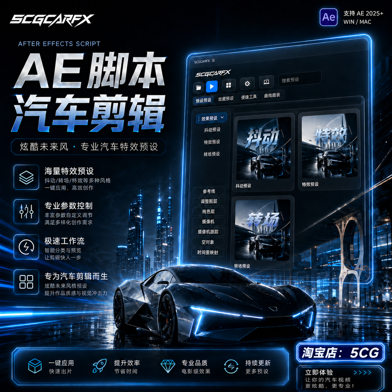 5CGCarFx汽车剪辑极速工作流AE脚本视频补帧特效卡点预设包Ae插件