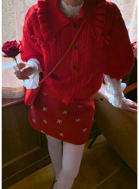 冬上新 节日气氛款爆款必入富家千金蝴蝶结斗篷设计一体保暖毛衣