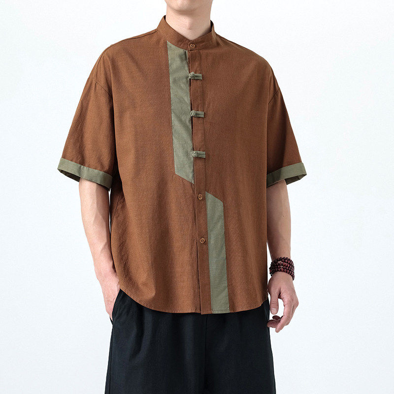2025夏季中国风棉麻拼接短袖唐装大码复古衬衫男立领休闲汉服,男装,汉服,淘宝优惠券,粉丝福利购,淘宝优惠卷