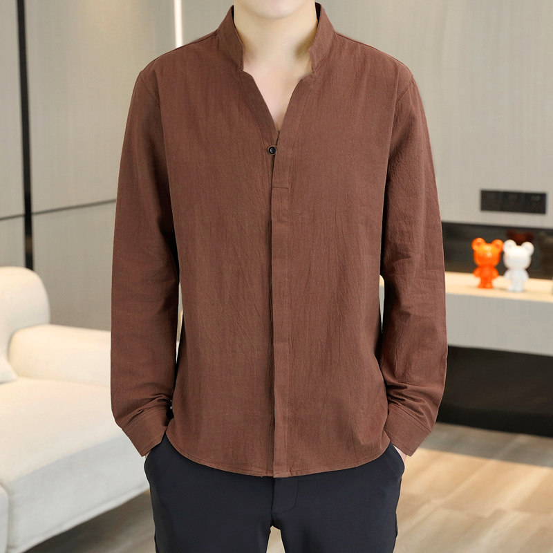 中国风V领复古长袖衬衫男士休闲立领夏季汉服新中式宽松,男装,汉服,淘宝优惠券,粉丝福利购,淘宝优惠卷