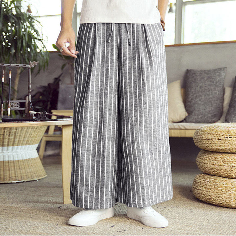 秋季亚麻裤男中国风条纹休闲阔腿裤宽松棉麻大码汉服复古直筒长裤,男装,休闲裤,淘宝优惠券,粉丝福利购,淘宝优惠卷