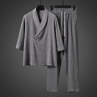 中国风男装夏季冰丝T恤短袖男士套装上衣V领中式汉服七分袖